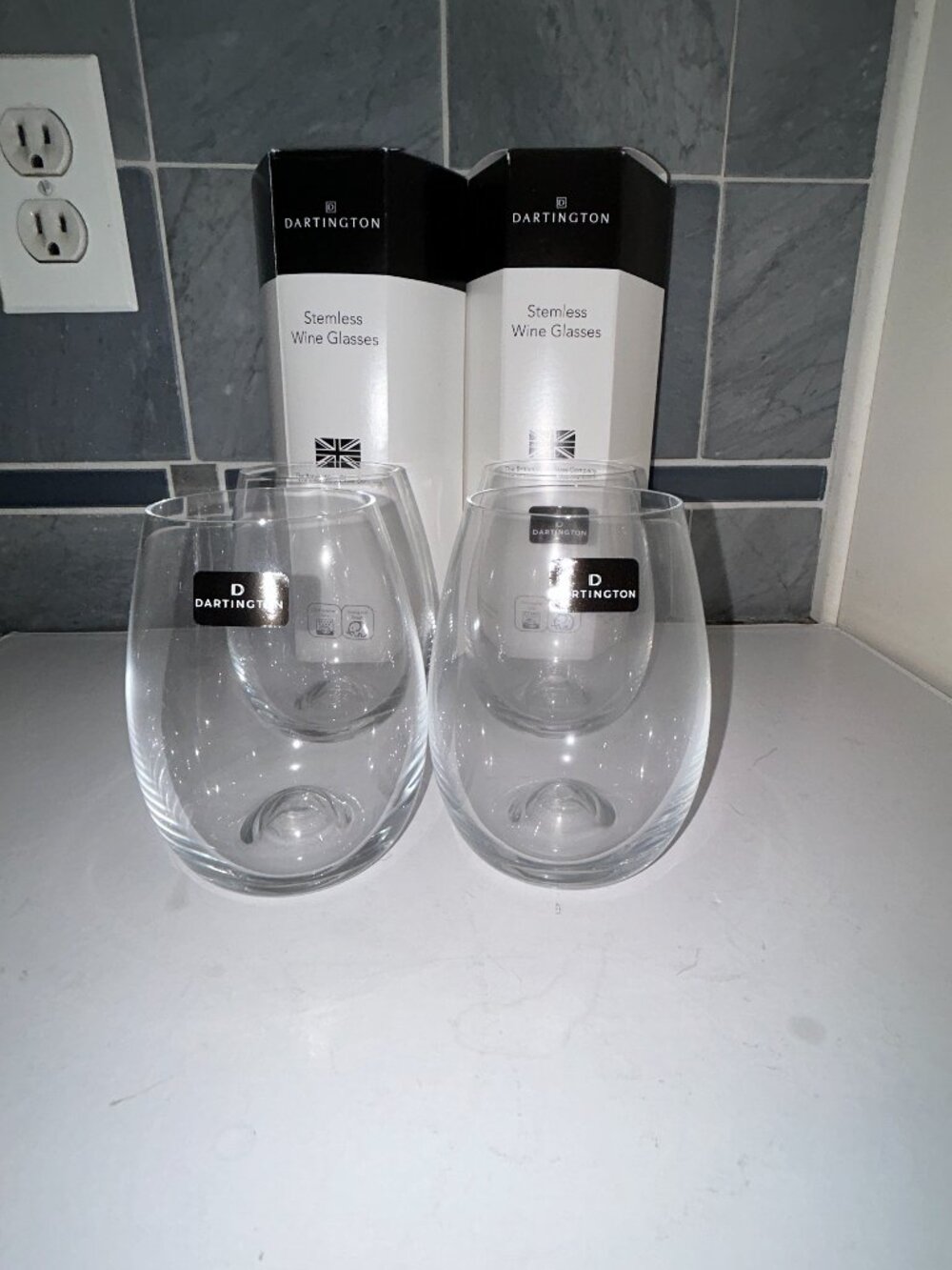 Dartington Stemless Wine Glasses, new in box set of four, 4.5"H